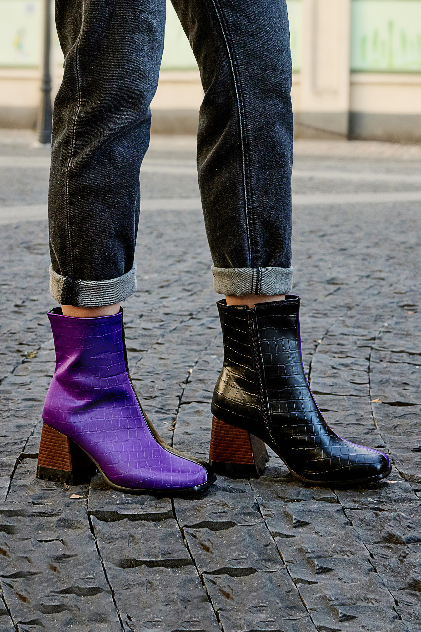 Colorblock Pattern Print Zip Square Toe Chunky Heels Ankle Boots