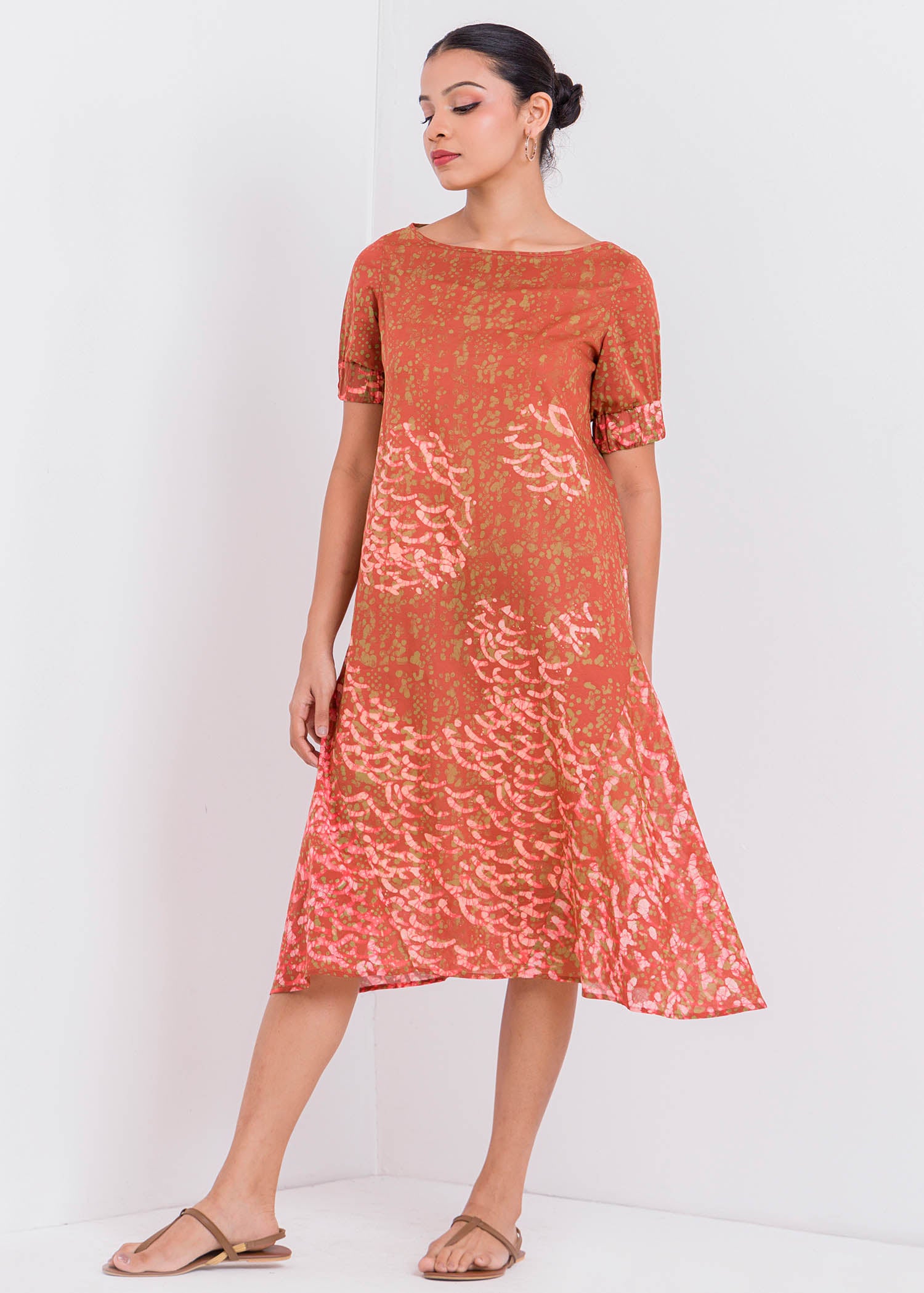 Batik Puff Sleeved Round Neck Dress