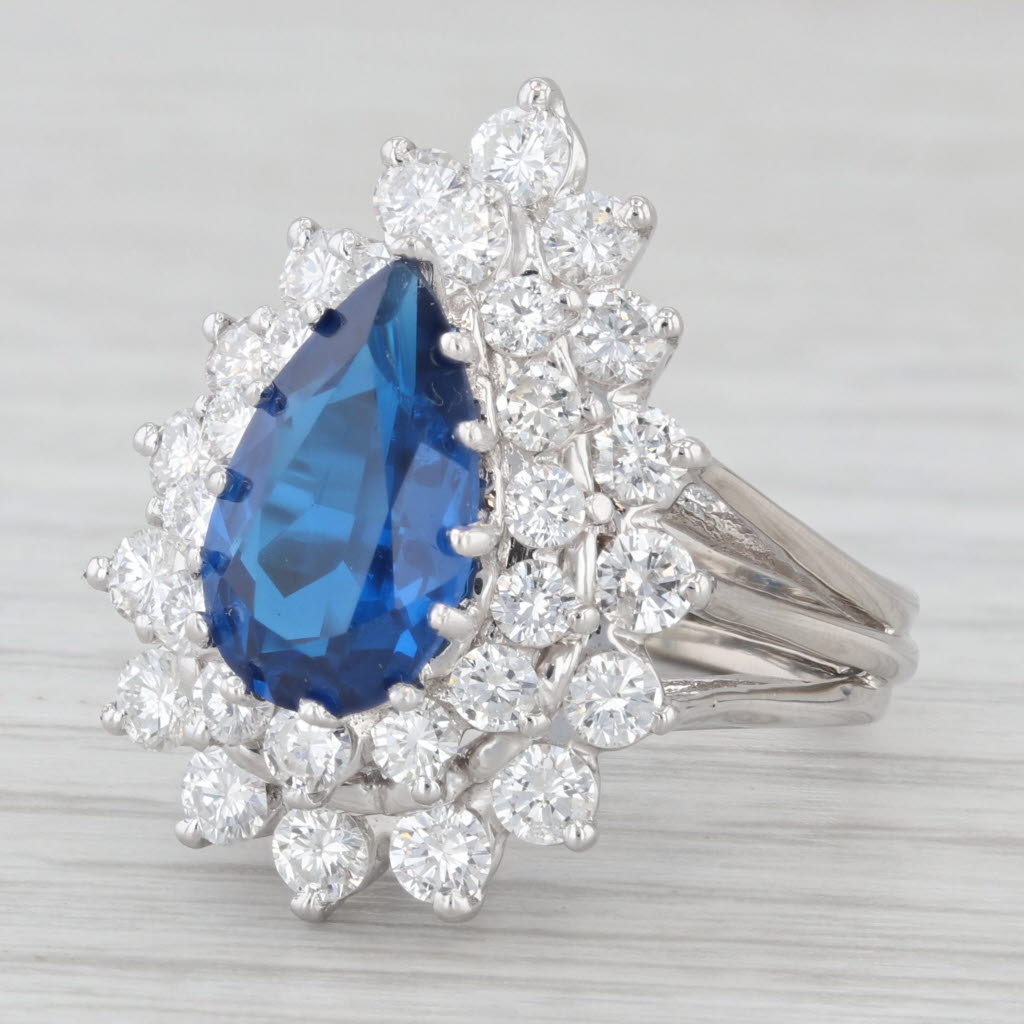 4.04ctw Diamond Lab Created Spinel Pear 14K White Gold Cocktail Ring Sz 5.75