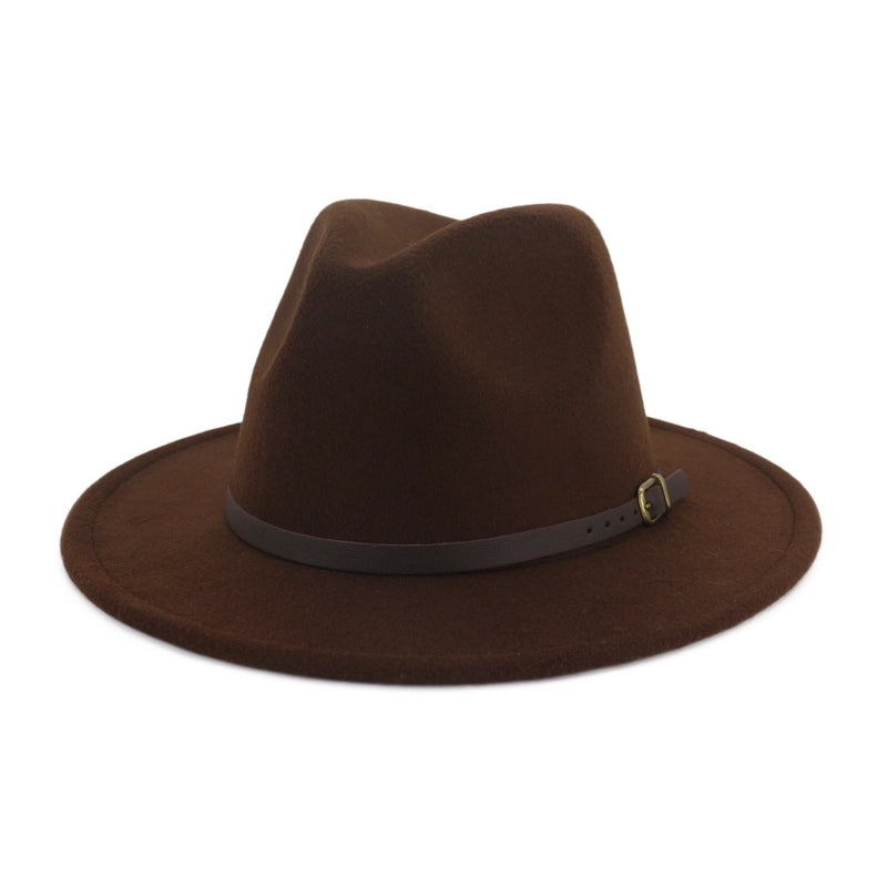 New Women's Woolen Brown Belt Buckle Top Hat Men And Women Couple Hat Flat Brim Big Brim Jazz Hat