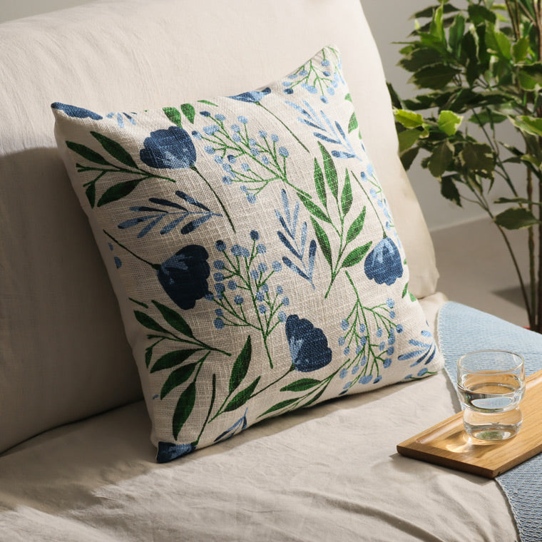 Crocus Printed Cotton Cushion Cover - Blue Green