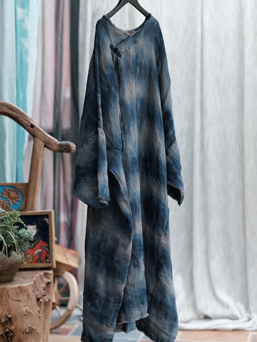 Women Summer Retro Print O-Neck Ramie Dress