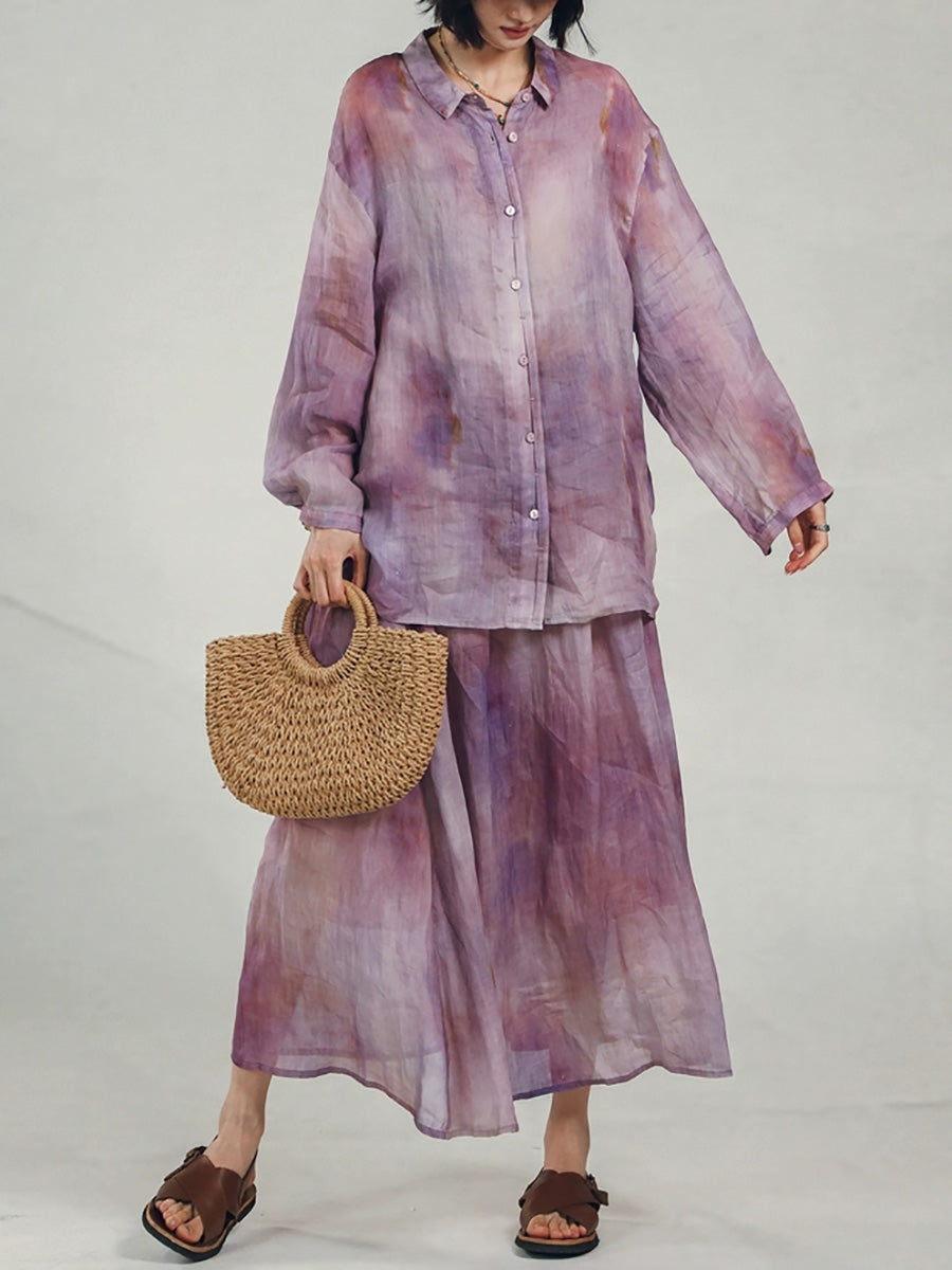 Women Summer Vintage Tie-dye A-Shape 100%Ramie Skirt