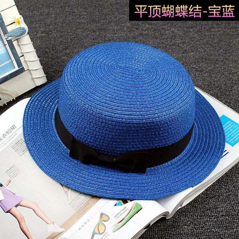 Straw Hat Sun Hat Trendy Women Summer Bow Straw Flat Top Hat