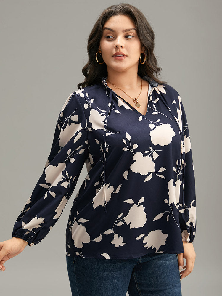 Silhouette Floral Print Stand Collar Tie Neck Blouse