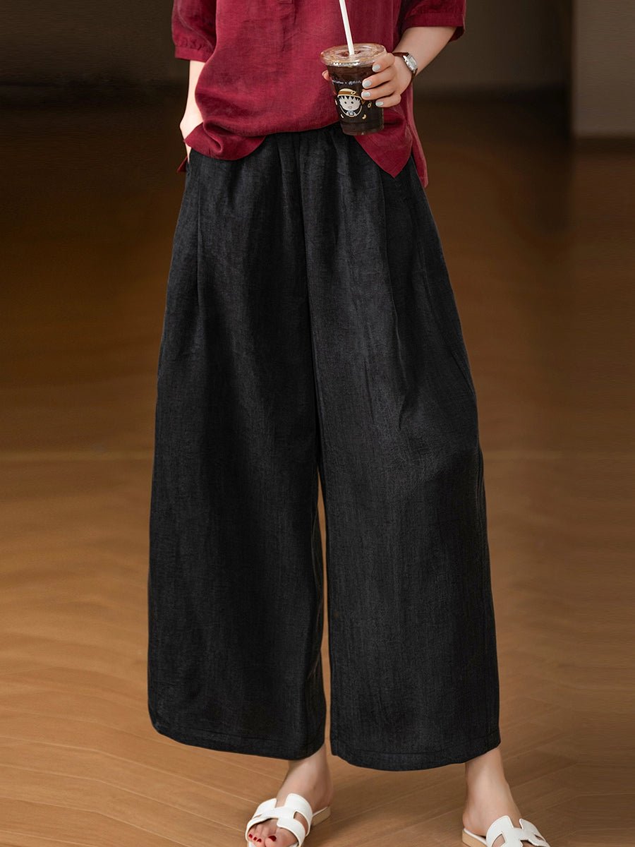 Women Summer Pure Color 100%Linen Wide-leg Cropped Pants