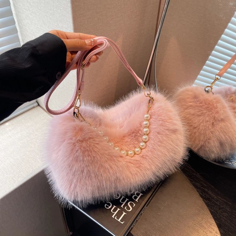 Women's Plush Solid Color Streetwear Square Zipper Shoulder Bag