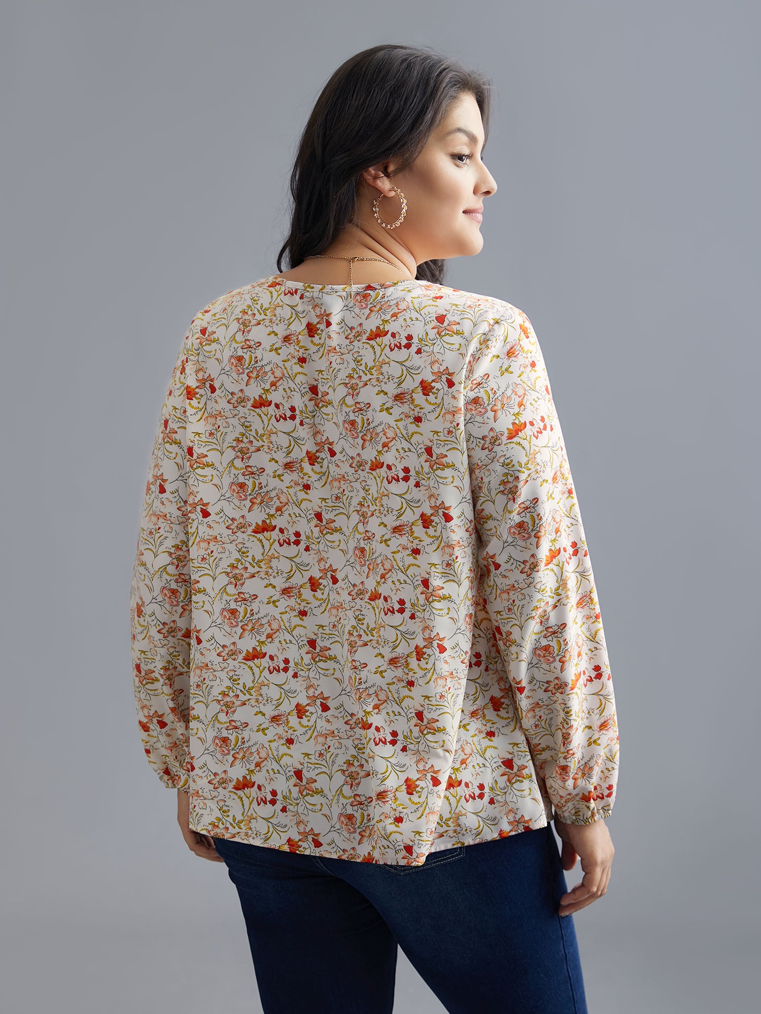 V Neck Ditsy Floral Contrast Webbing Blouse