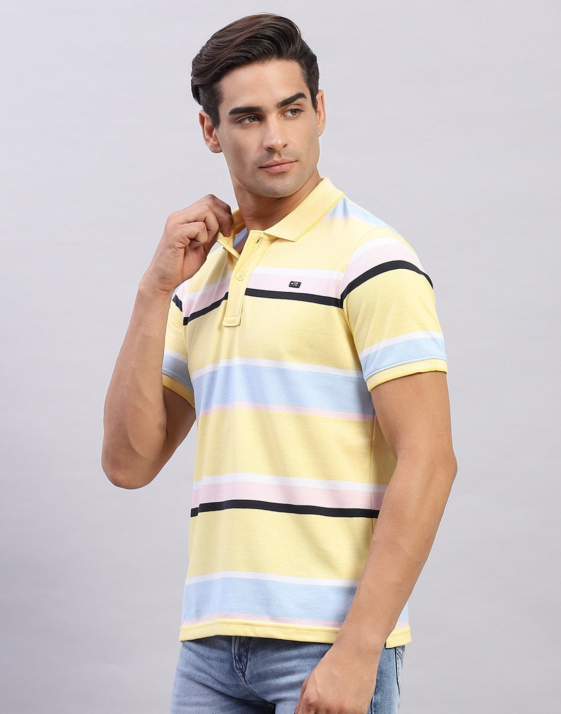 Men Yellow Stripe Polo Collar Half Sleeve T-Shirt