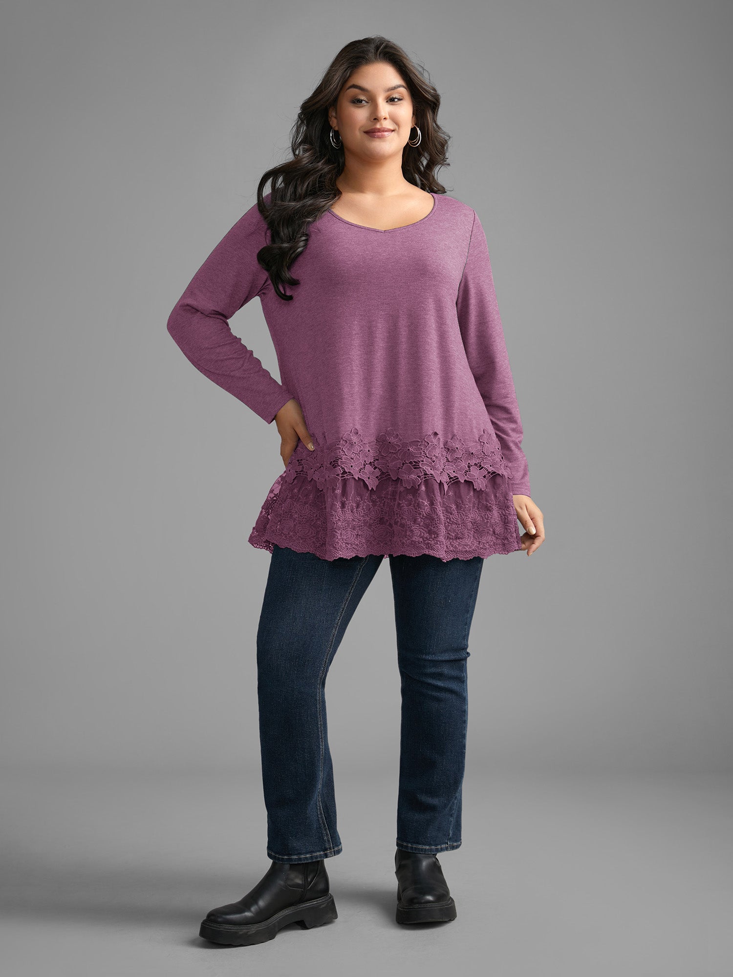 V Neck Lace Panel Jersey Top