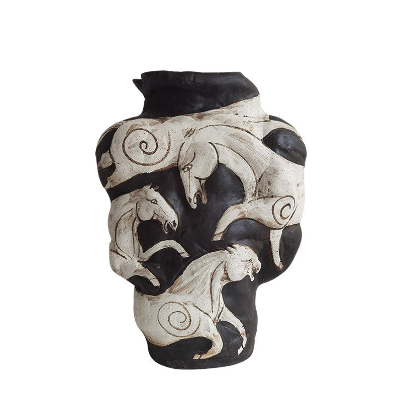 Handmade Wabi-Sabi Horse Relief Ceramic Vase