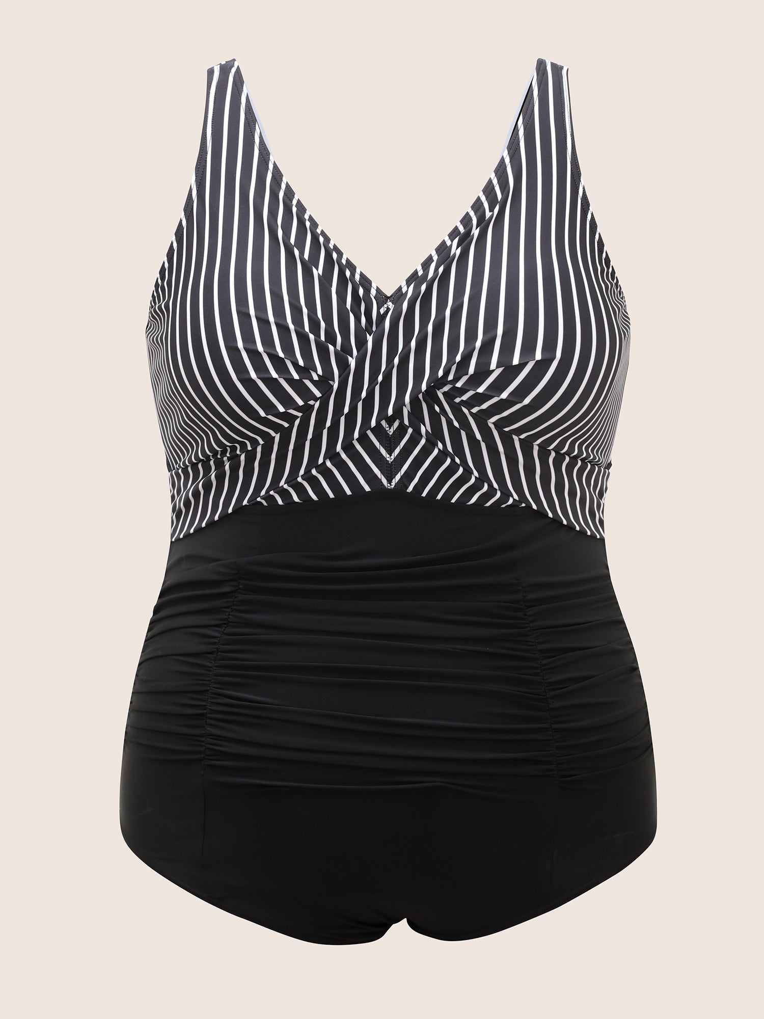 V Neck Striped Patchwork Ruched One Piece Swimsuit