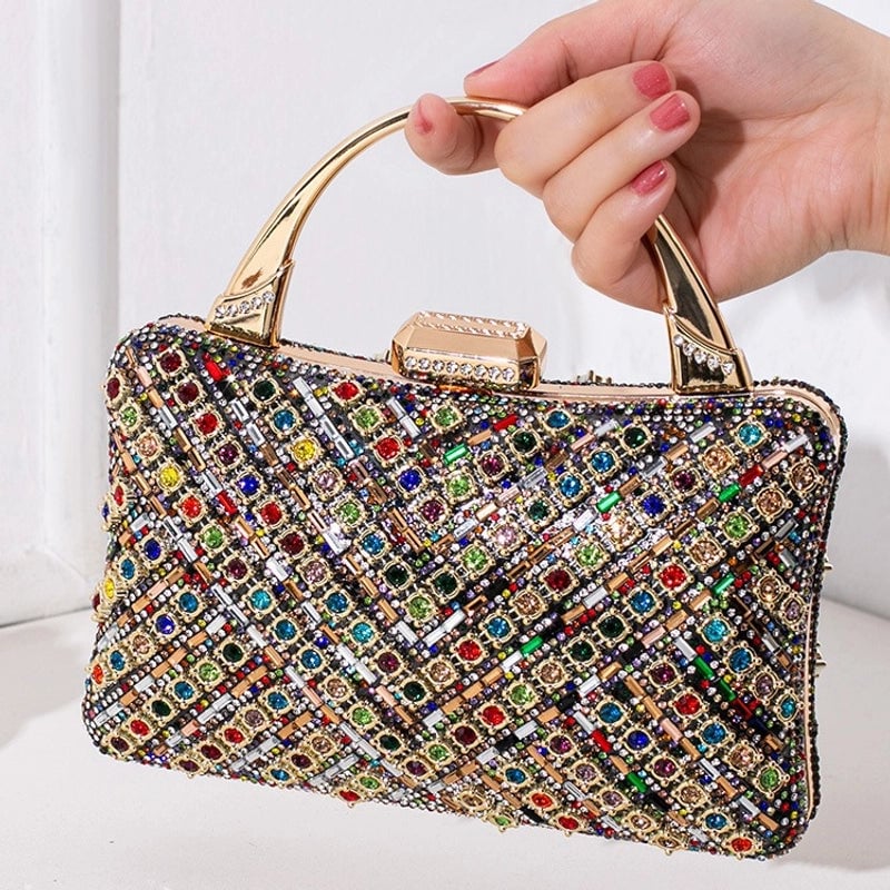 Silver Gold Red Nylon Color Block Square Evening Bags