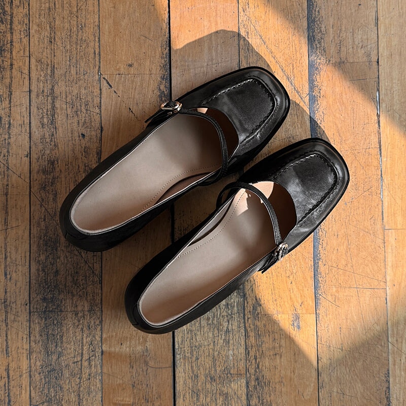 Women's Genuine Leather Mary Jane Pumps 65mm Block Heel in Brown/Black