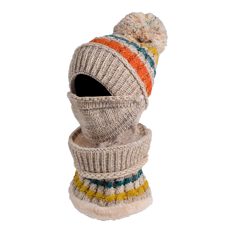 Three-Piece Fleece And Color-Block Knitted Hat. Scarf And Mask