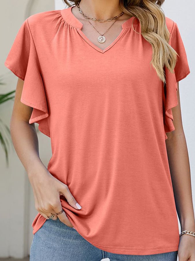 Solid V-neck Ruffled Short Sleeved Casual Top