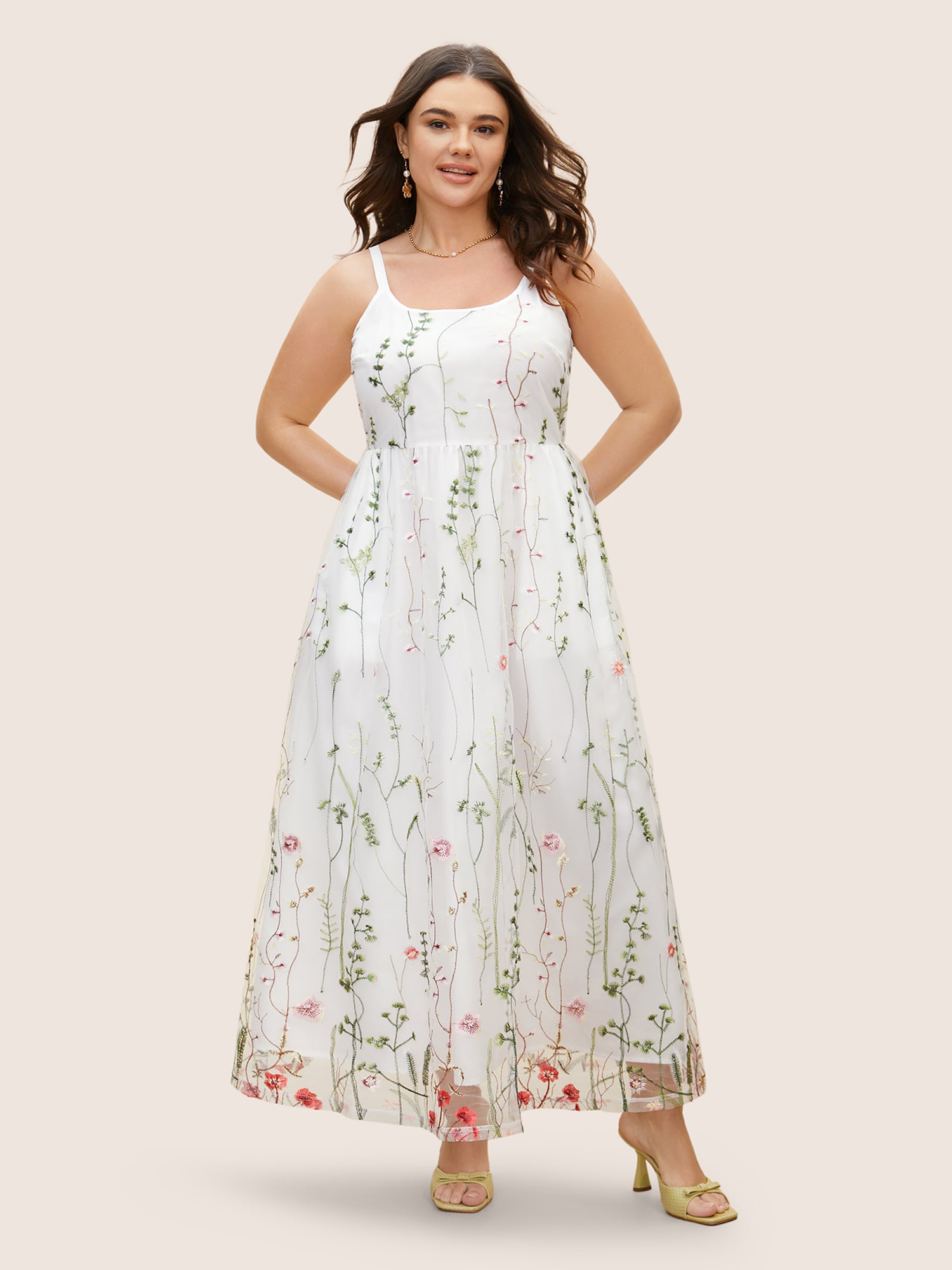U Neck Floral Embroidered Mesh Cami Dress