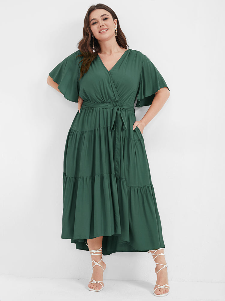 Solid Button Pocket Belted Ruffles Wrap Midi Dress