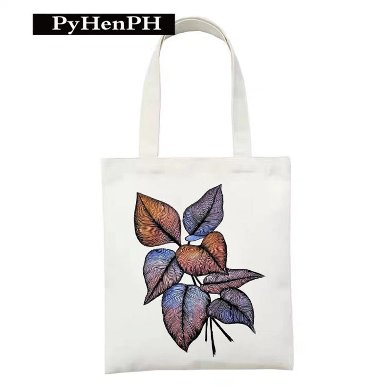 Women's Polyester Cartoon Leaves Streetwear Square Open Canvas Bag
