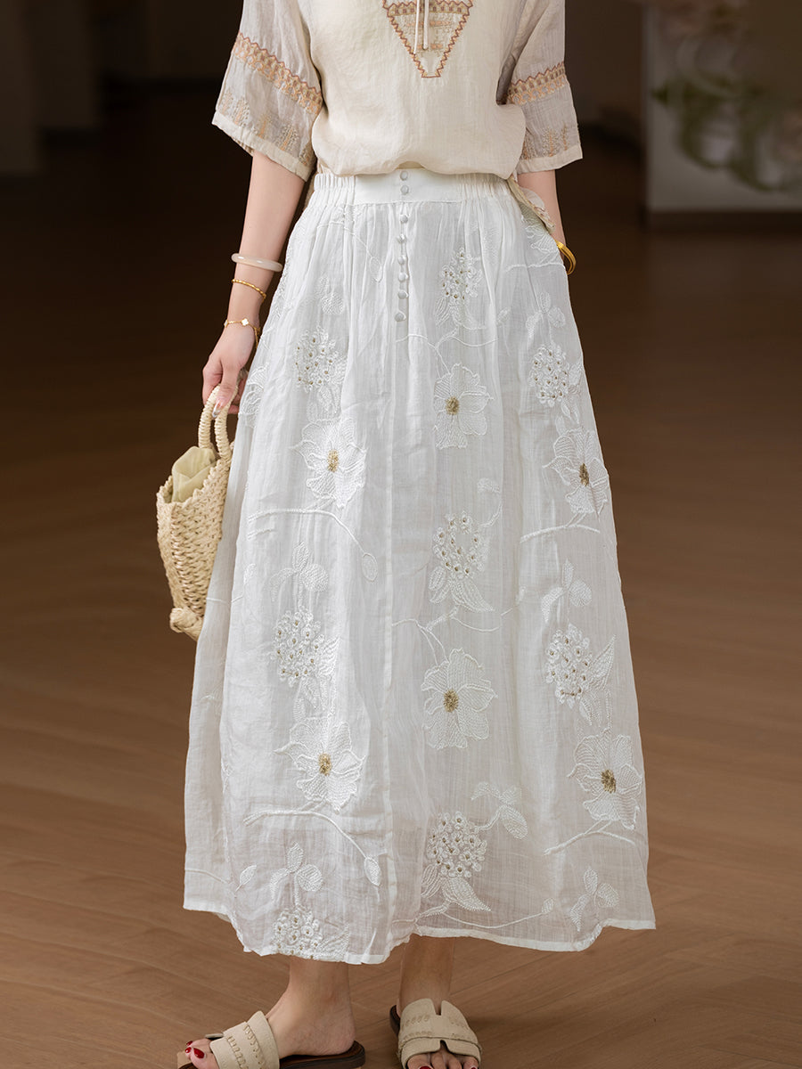 Women Summer Artsy Flower Embroidery 100%Ramie Skirt