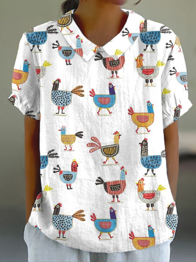 Women'S Funny Farm Chicken Art Print Casual Cotton And Linen Shirt