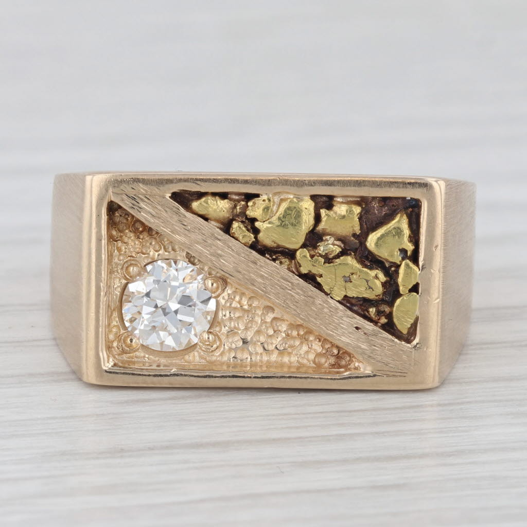 Men's Diamond Solitaire Nugget Ring 14k 18k Yellow Gold Size 10