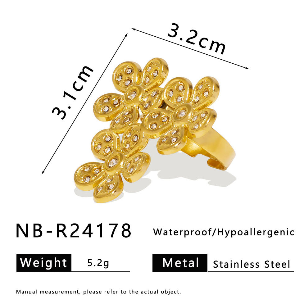 French Retro Style Micro-Inlaid Zircon Open Stainless Steel Ring Five-Petal Plum Blossom Large Ring For Women