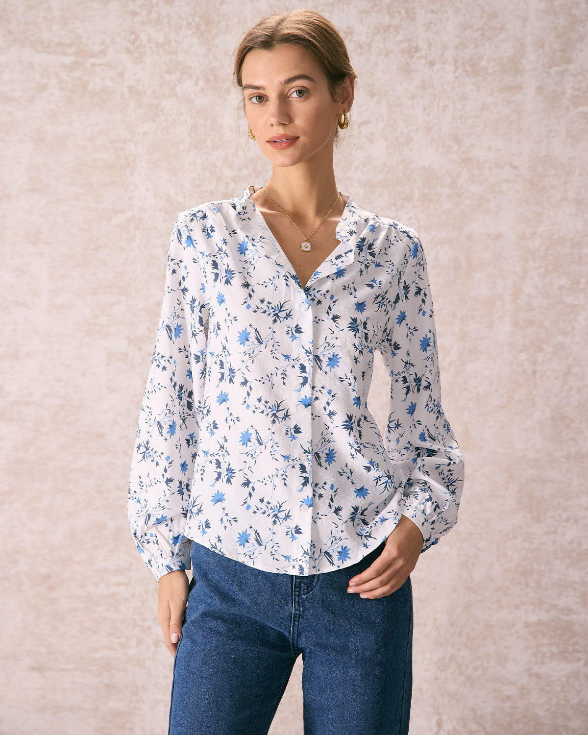 The White Mock Neck Leaf Print Button Shirt