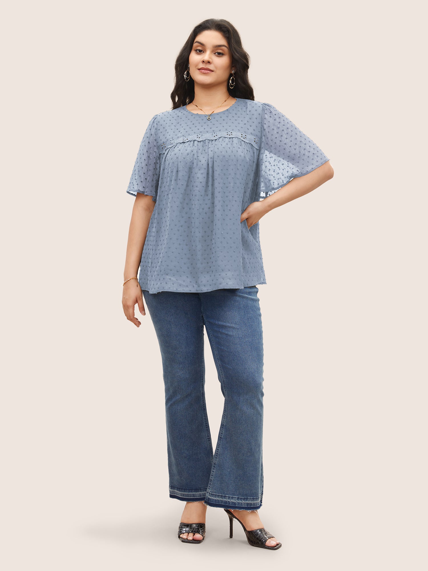 Solid Texture Lace Trim See Through Gathered Blouse