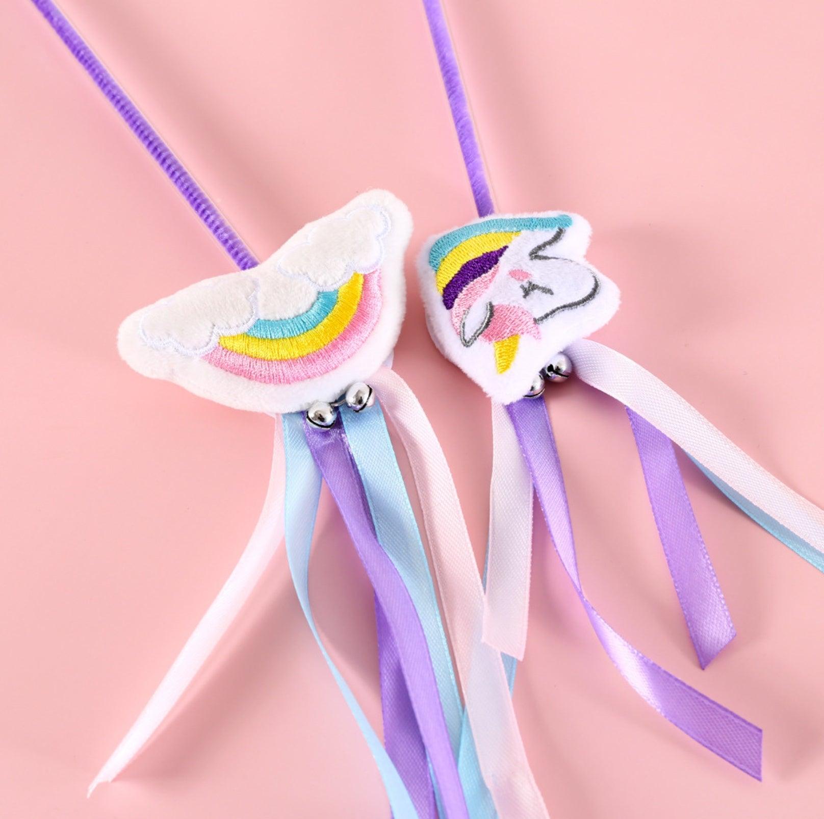 Rainbow and Unicorn Style Ribbon Bell Cat Teaser Wand