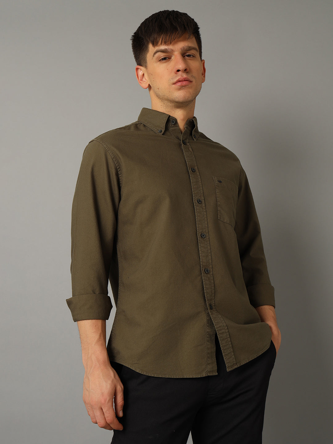 Men Solid Casual Olive Green Shirt