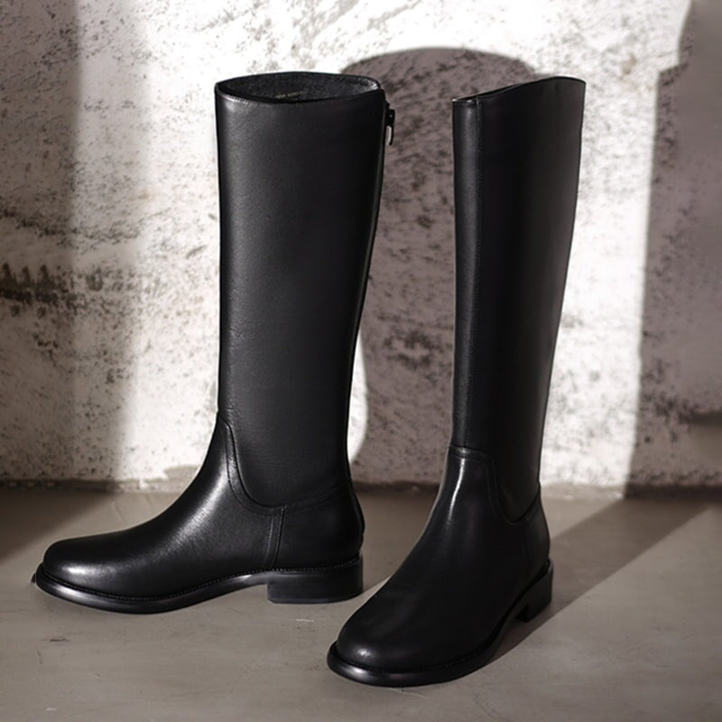 Handmade Soft?Leather Knee High Boots Back Zip Riding Boots Short Plush Lining in Black