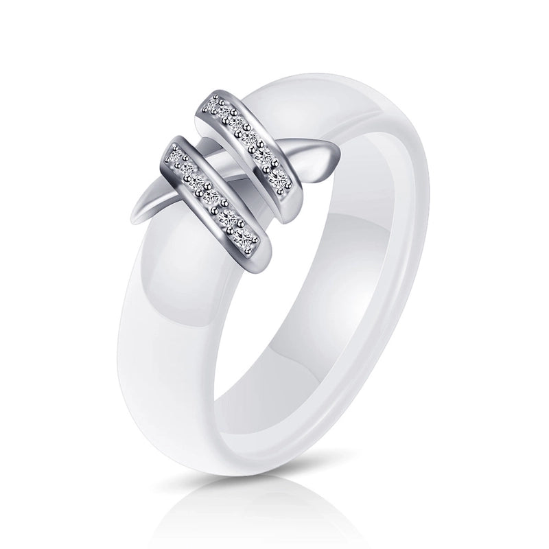 Creative Ceramic Black White Double X Inlaid Diamond Titanium Steel Ring