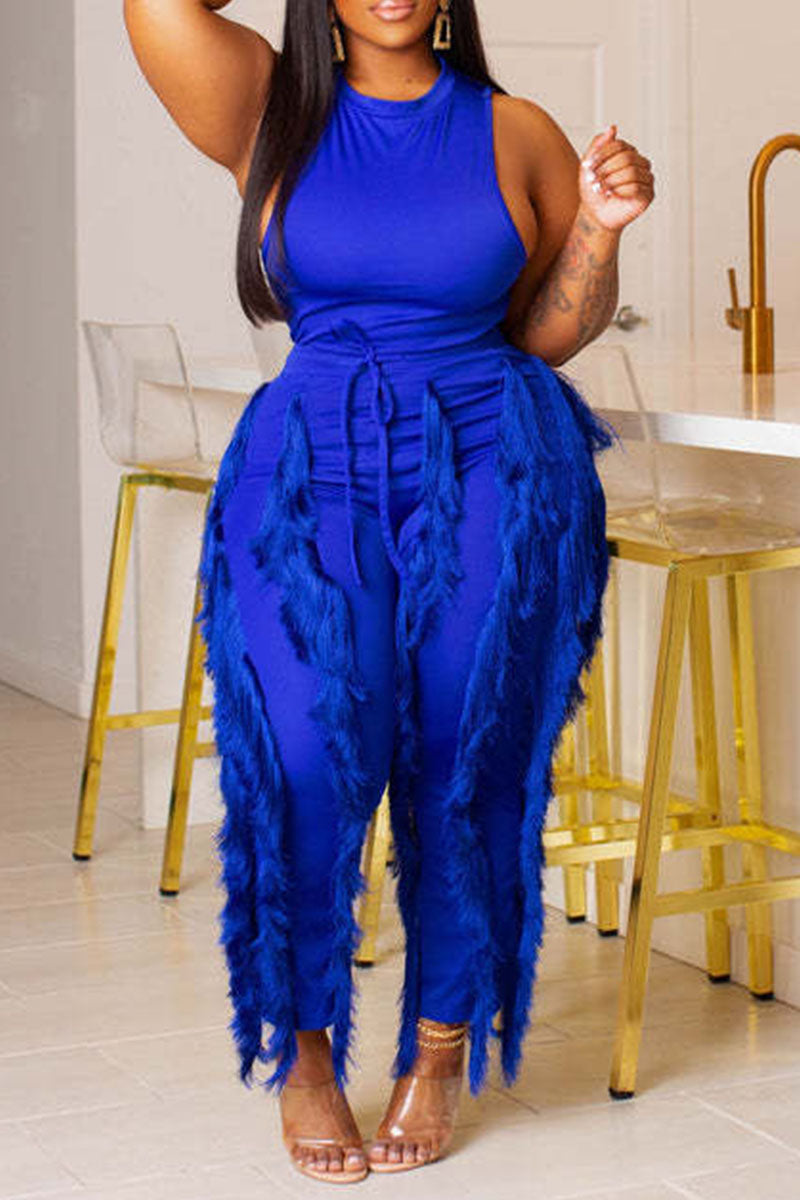 Sexy Solid Tassel Patchwork O Neck Two Pieces