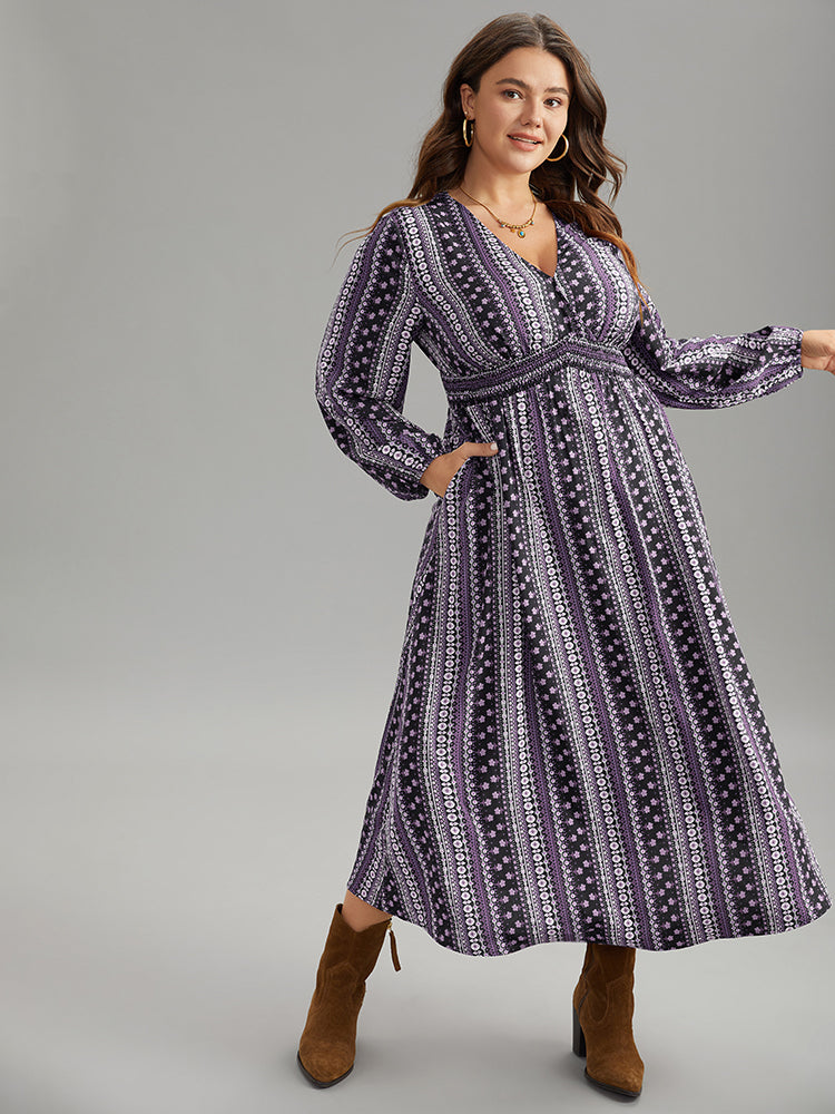 Bandana Print Wrap Shirred Dress