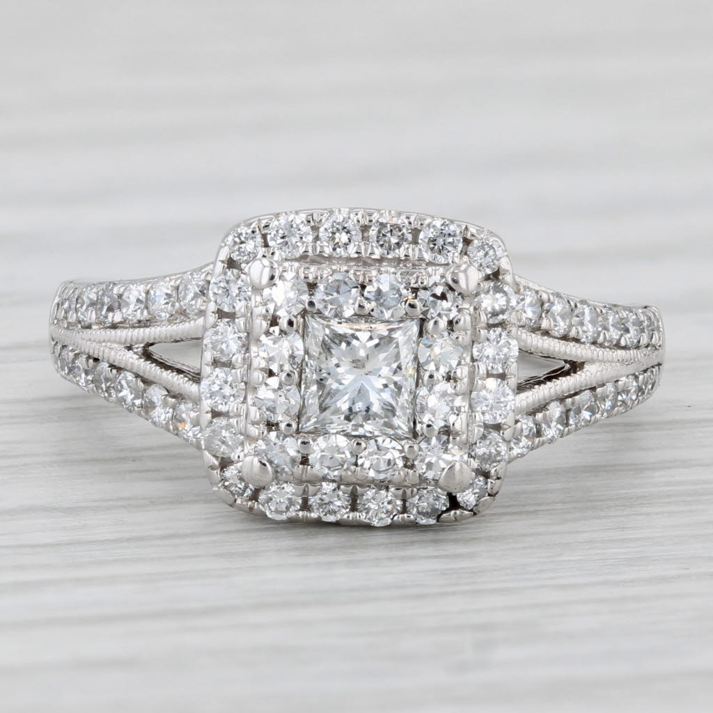 0.90ctw Princess Diamond Halo Engagement Ring 14k White Gold Size 5.5