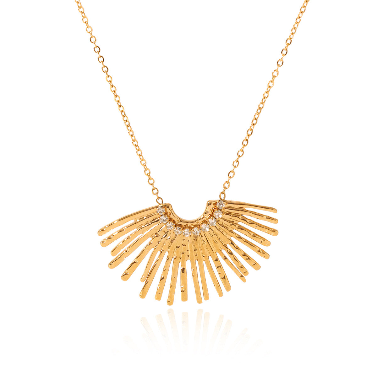 Ins Style 18K Gold Fan-Shaped Stainless Steel Diamond Pendant Necklace Design Sense Radial Line Titanium Steel Necklace Female