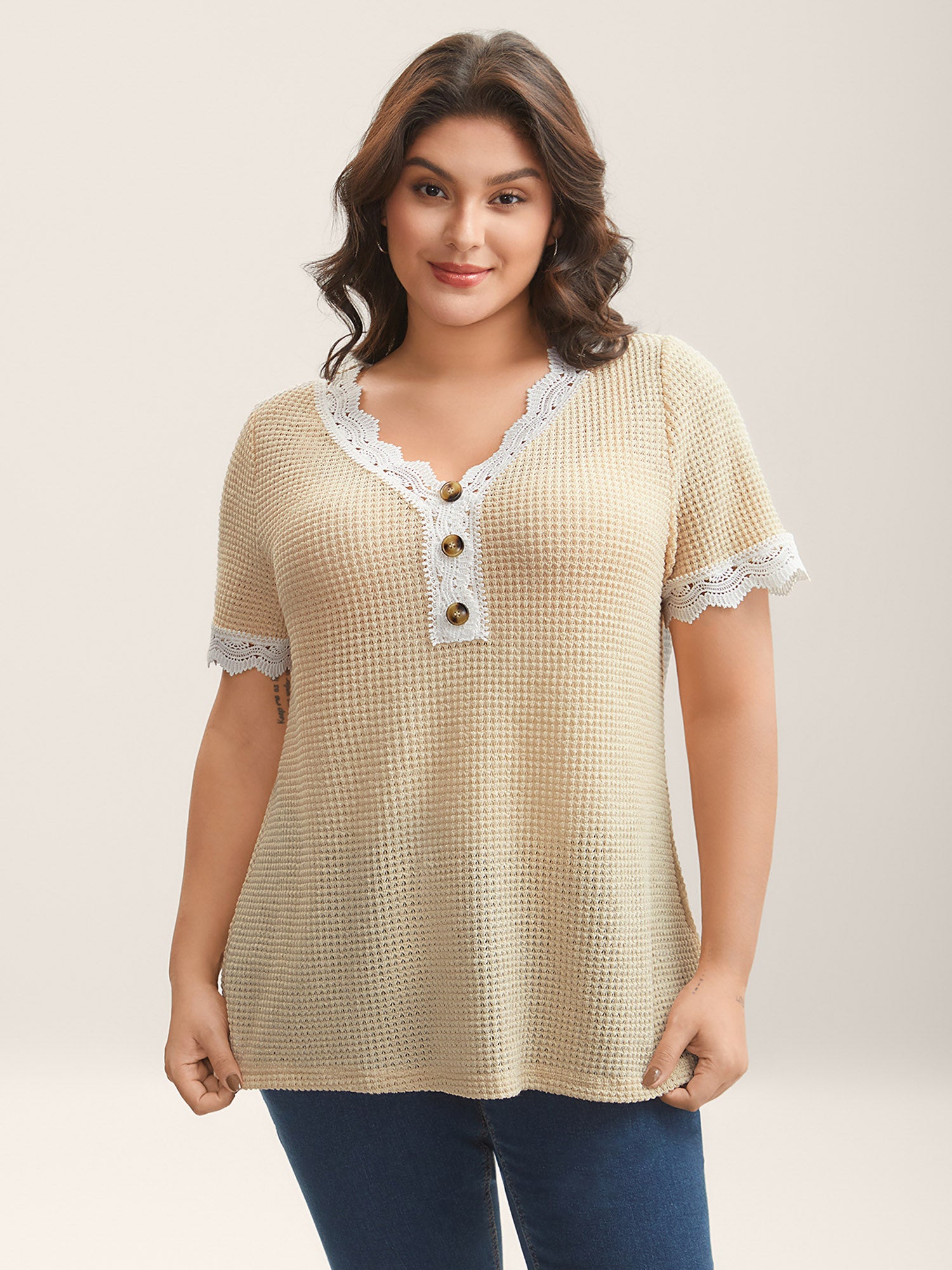Sheer Waffle Textured Lace Trim T-Shirt