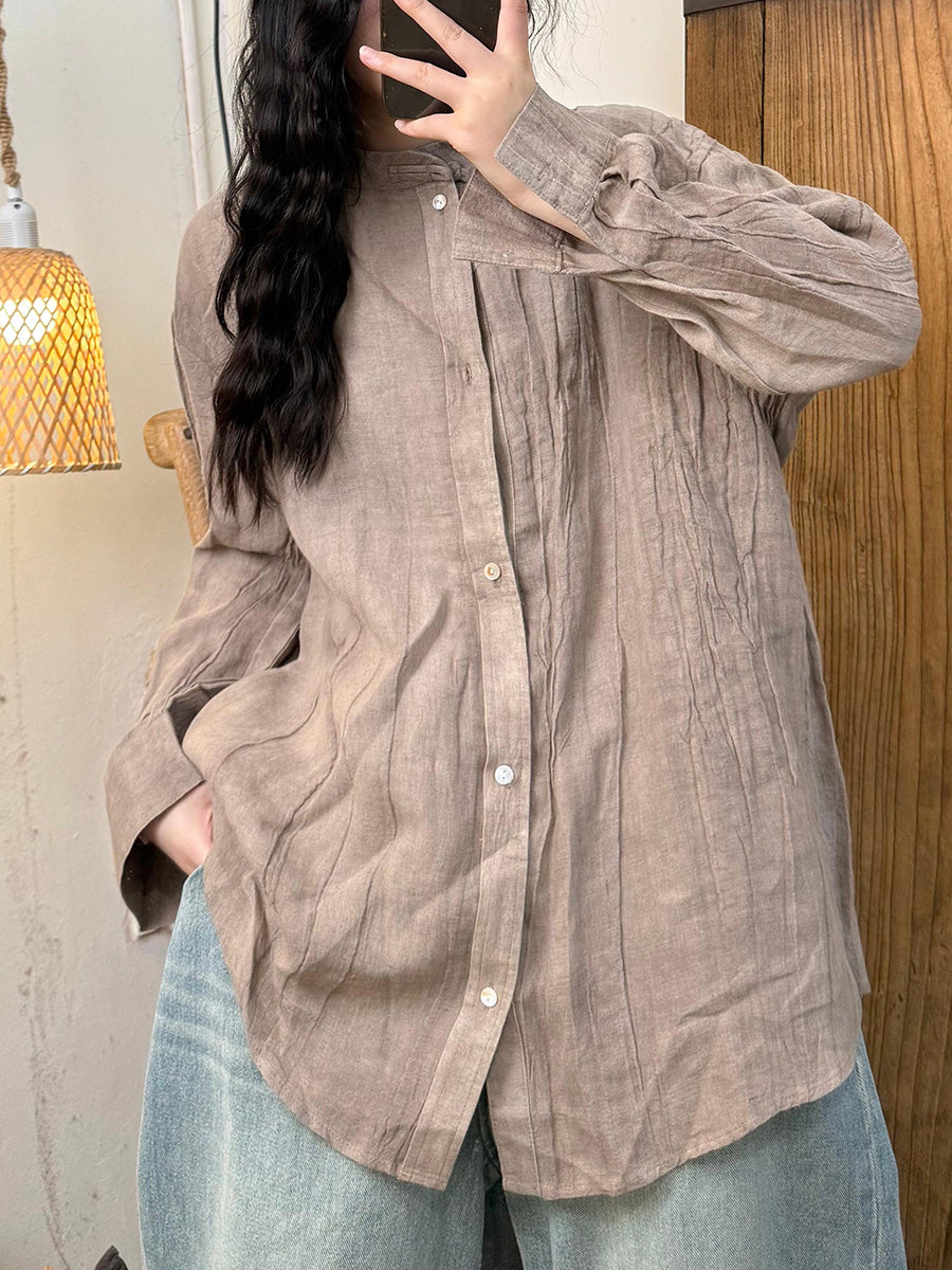Women Summer Vintage Pure Color Stand Collar Linen Shirt