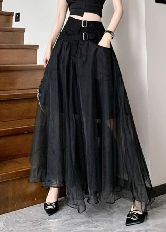 Fashion Black Sashes Pockets Tulle A Line Skirts Summer