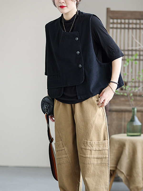 Vintage Asymmetric Solid Color Buttoned Vest Top