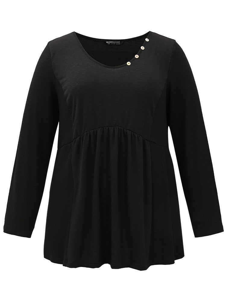 Plain Ruffles Button Detail T-shirt
