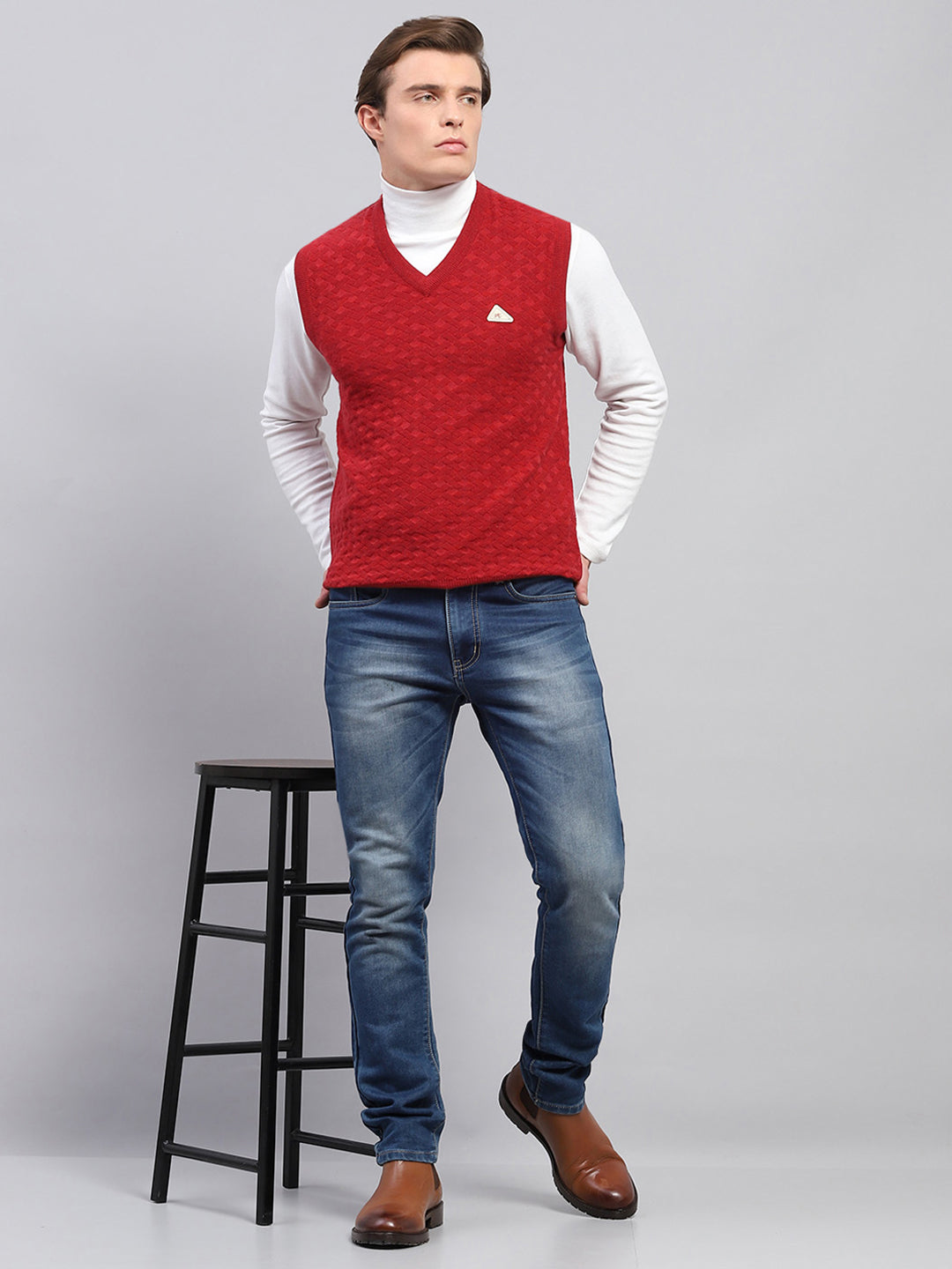 Men Red Self Design V Neck Sleeveless Sweater