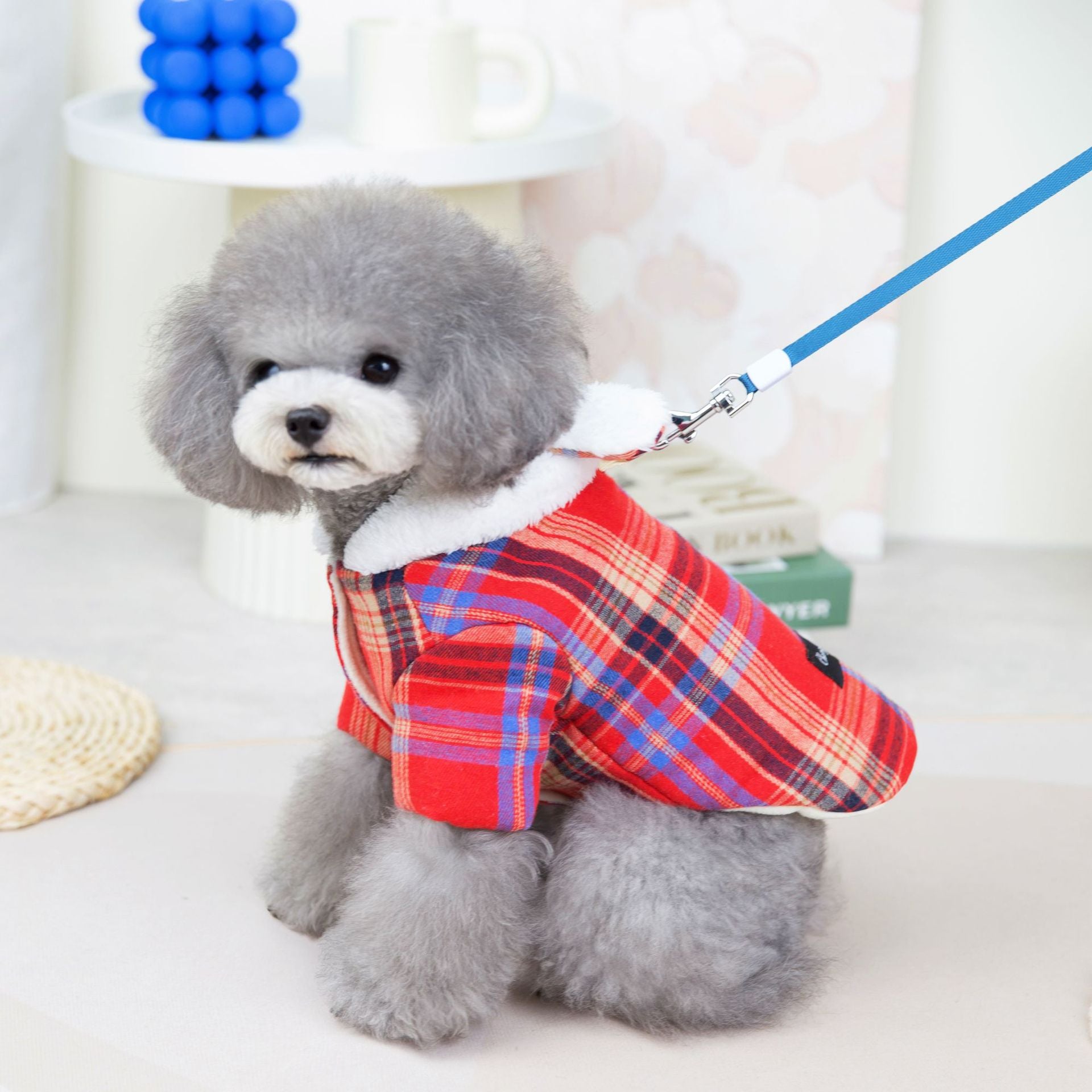 Plaid Pattern Ear Hooded Dog Cat Harness Jacket