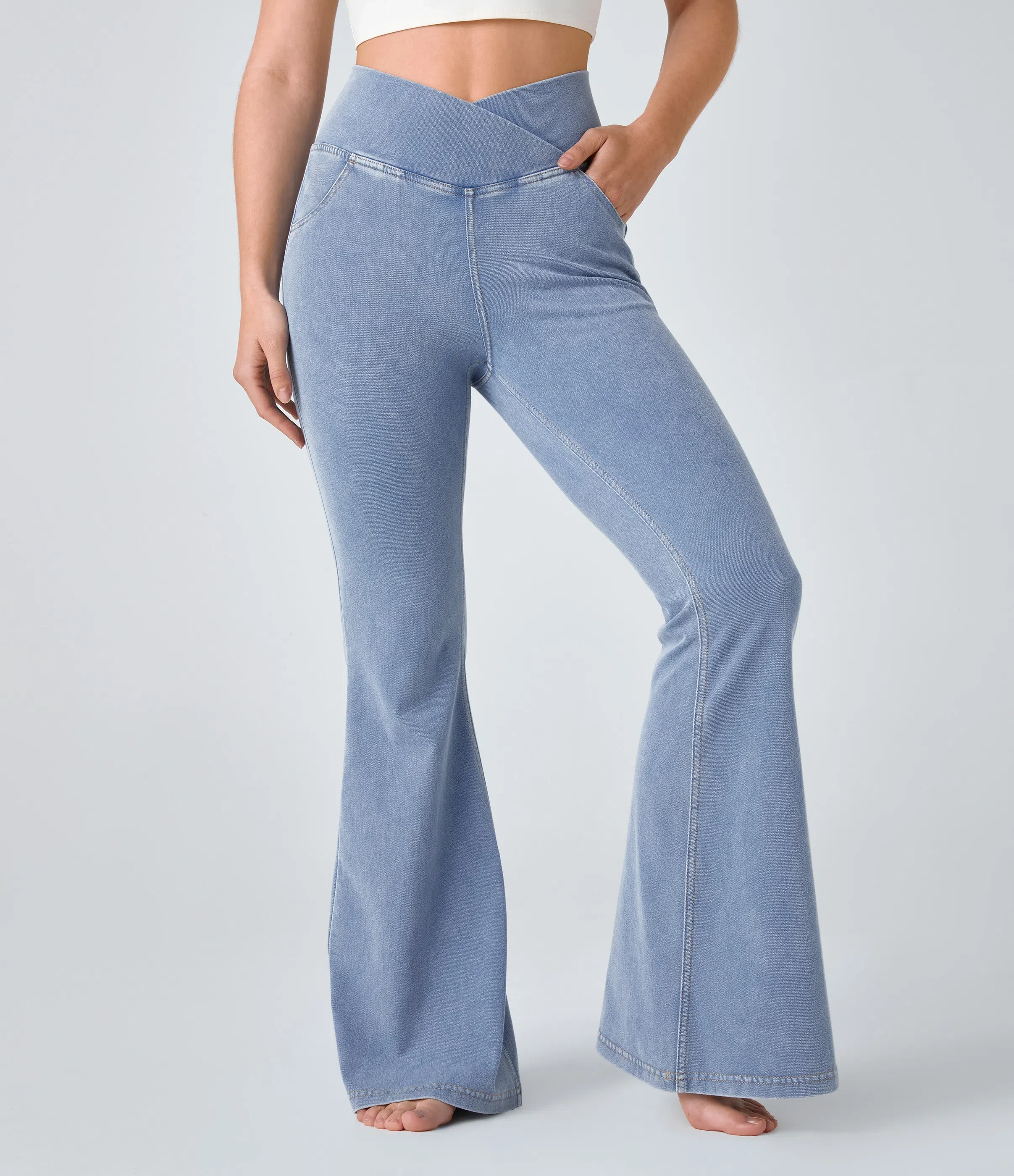 ⚡8 Packs for $25.95⚡- High Waisted Crossover Pocket Washed Stretchy Knit Casual Super Flare Jeans