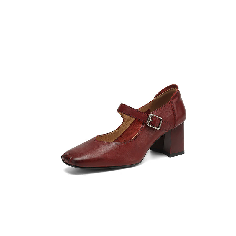 Vintage Square Toe 60mm Cow Leather Mary Jane Pumps in Brown/Red/Black/Khaki
