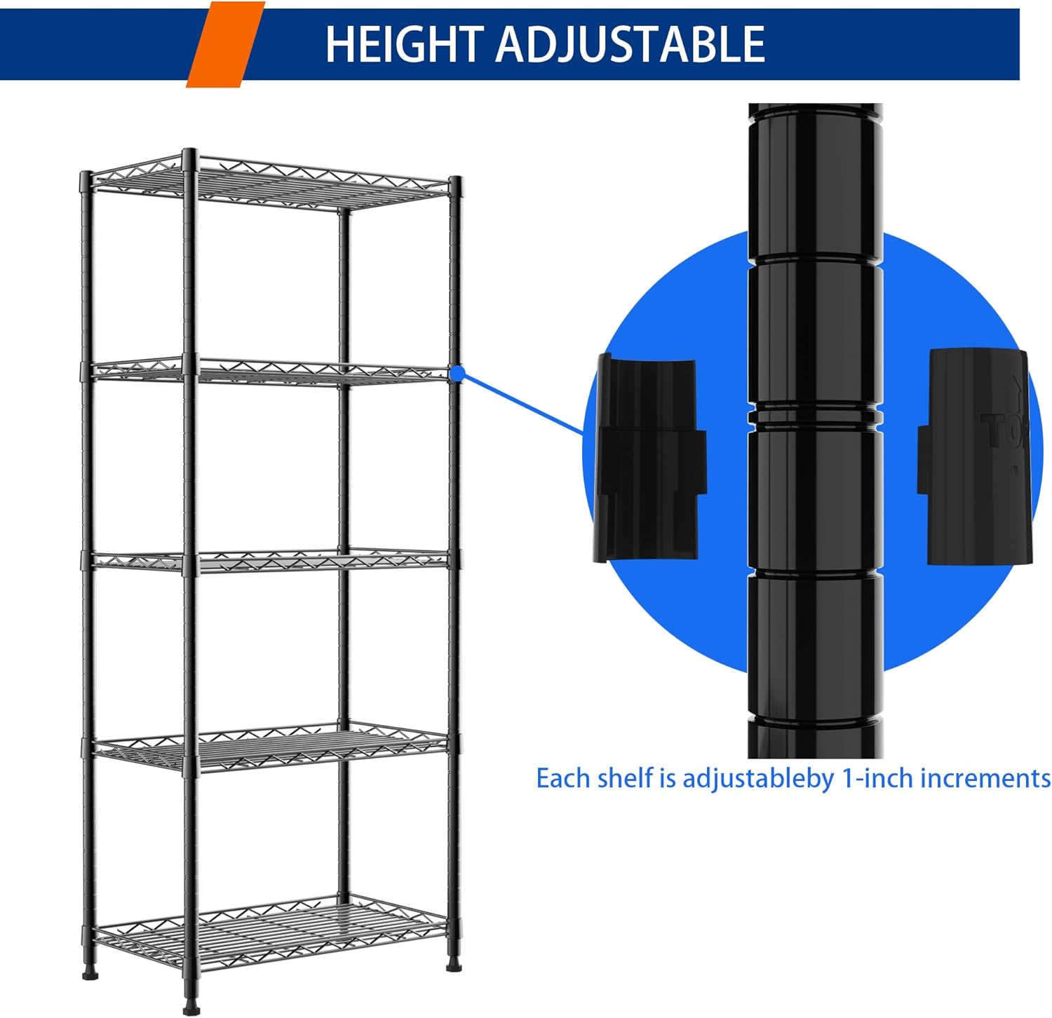 REGILLER 5-Wire Shelving Metal Storage Rack Adjustable Shelves,Standing Storage Shelf Units for Laundry Bathroom Kitchen Pantry Closet(Black,11.8