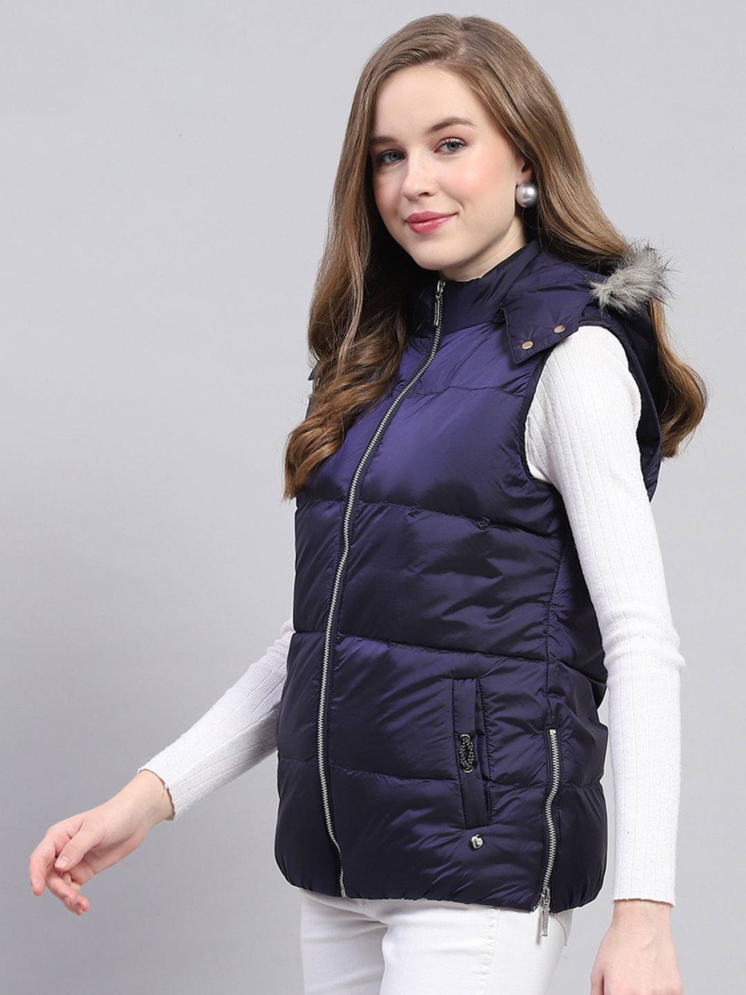 Women Blue Solid Detachable Hood Sleeveless Jacket