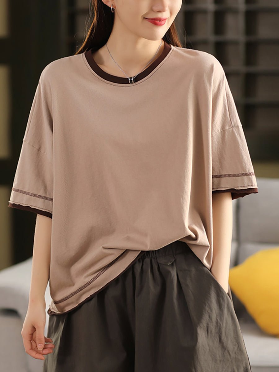 Women Summer Colorblock O-Neck 100%Cotton Shirt