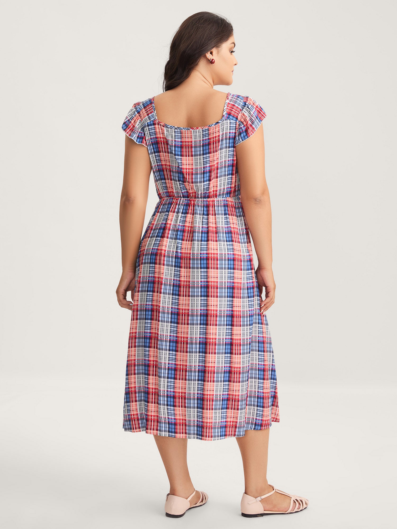 Plaid Print Flutter Sleeve Pockets Midi Dress